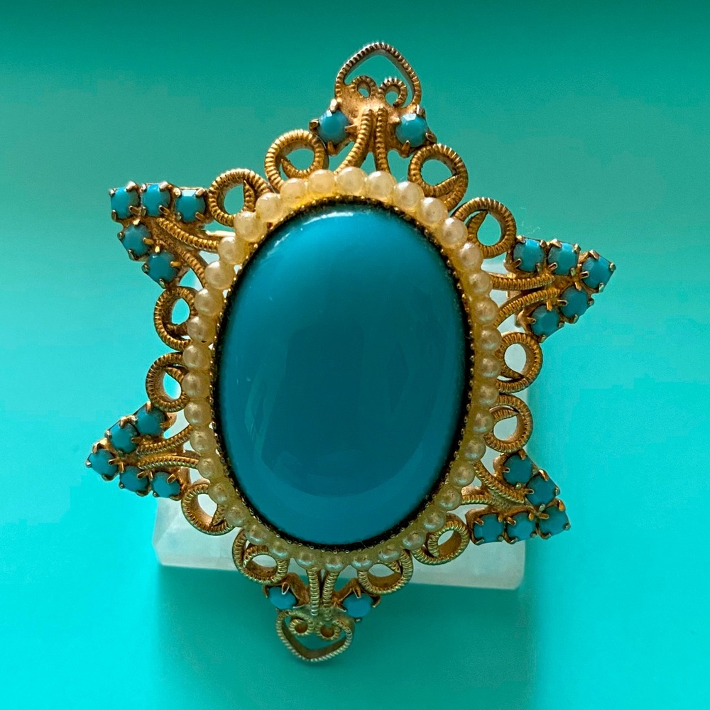 Vintage Faux Turquoise & Pearl Brooch